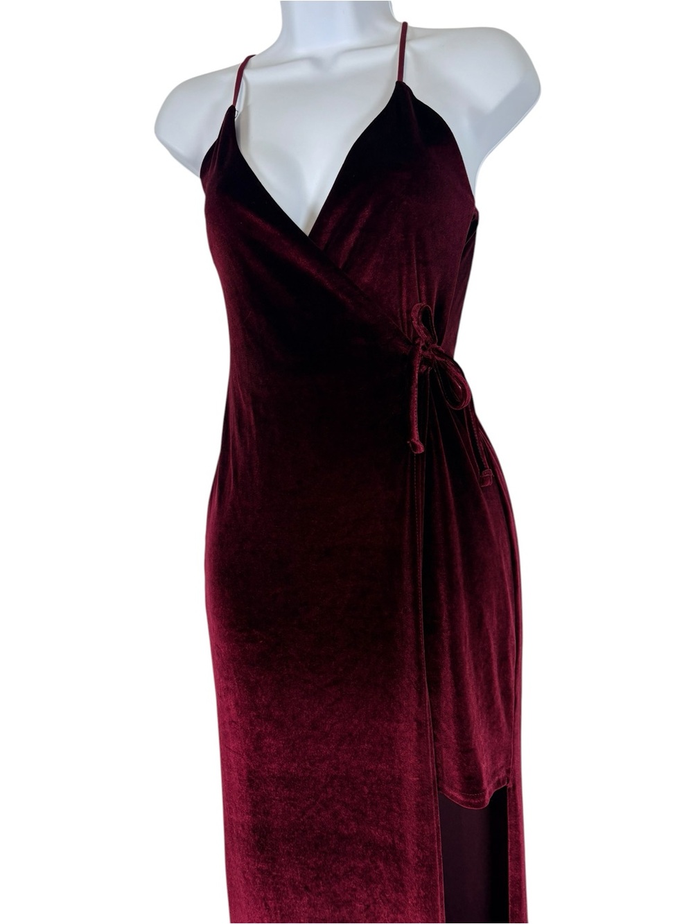 Missguided Burgundy Velvet Faux Wrap Maxi Dress High Slit Spaghetti Strap US 4 - Picture 6 of 13